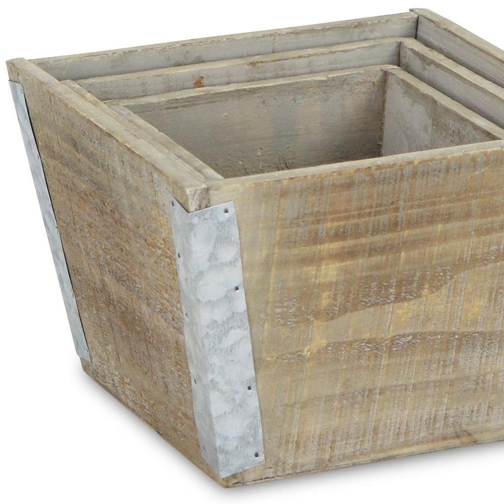 Set of Three Natural And Silver Metal And Wood 217 Ounce Square Distressed Planter Boxes on a white background
