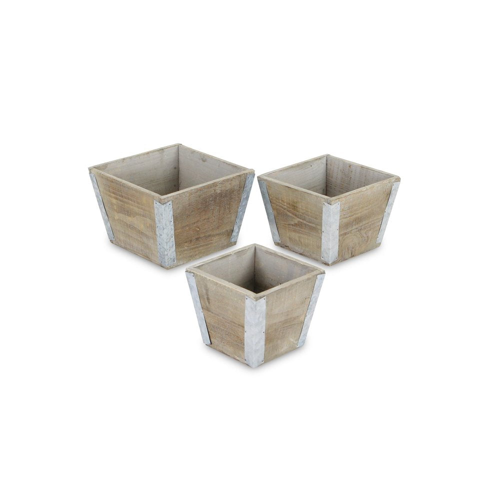 Set of Three Natural And Silver Metal And Wood 217 Ounce Square Distressed Planter Boxes