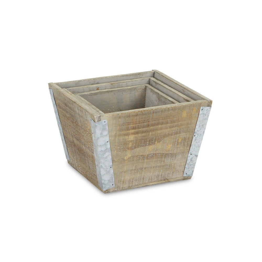 Set of Three Natural And Silver Metal And Wood 217 Ounce Square Distressed Planter Boxes