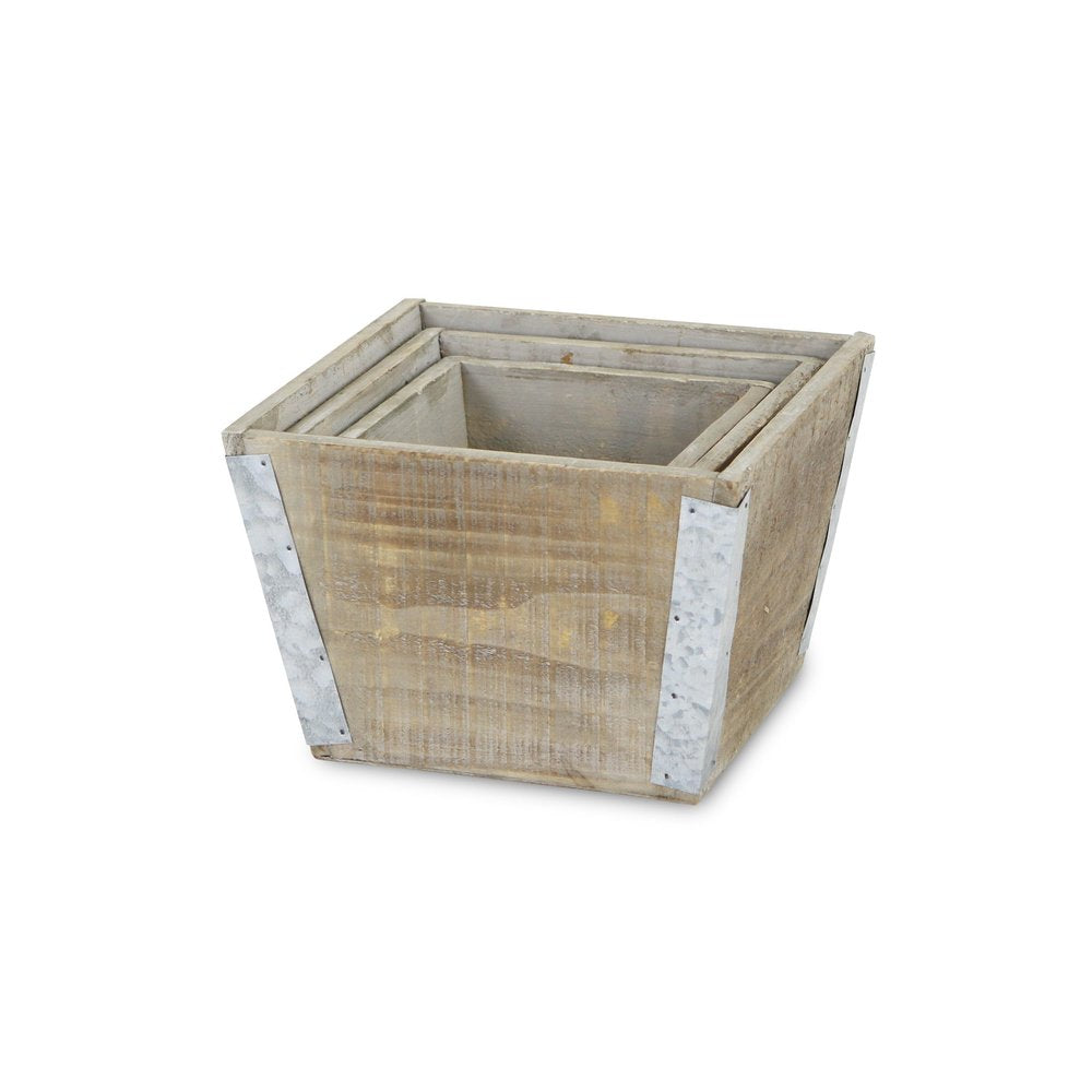 Set of Three Natural And Silver Metal And Wood 217 Ounce Square Distressed Planter Boxes on a white background