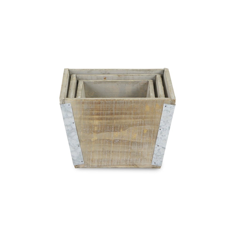 Set of Three Natural And Silver Metal And Wood 217 Ounce Square Distressed Planter Boxes on a white background