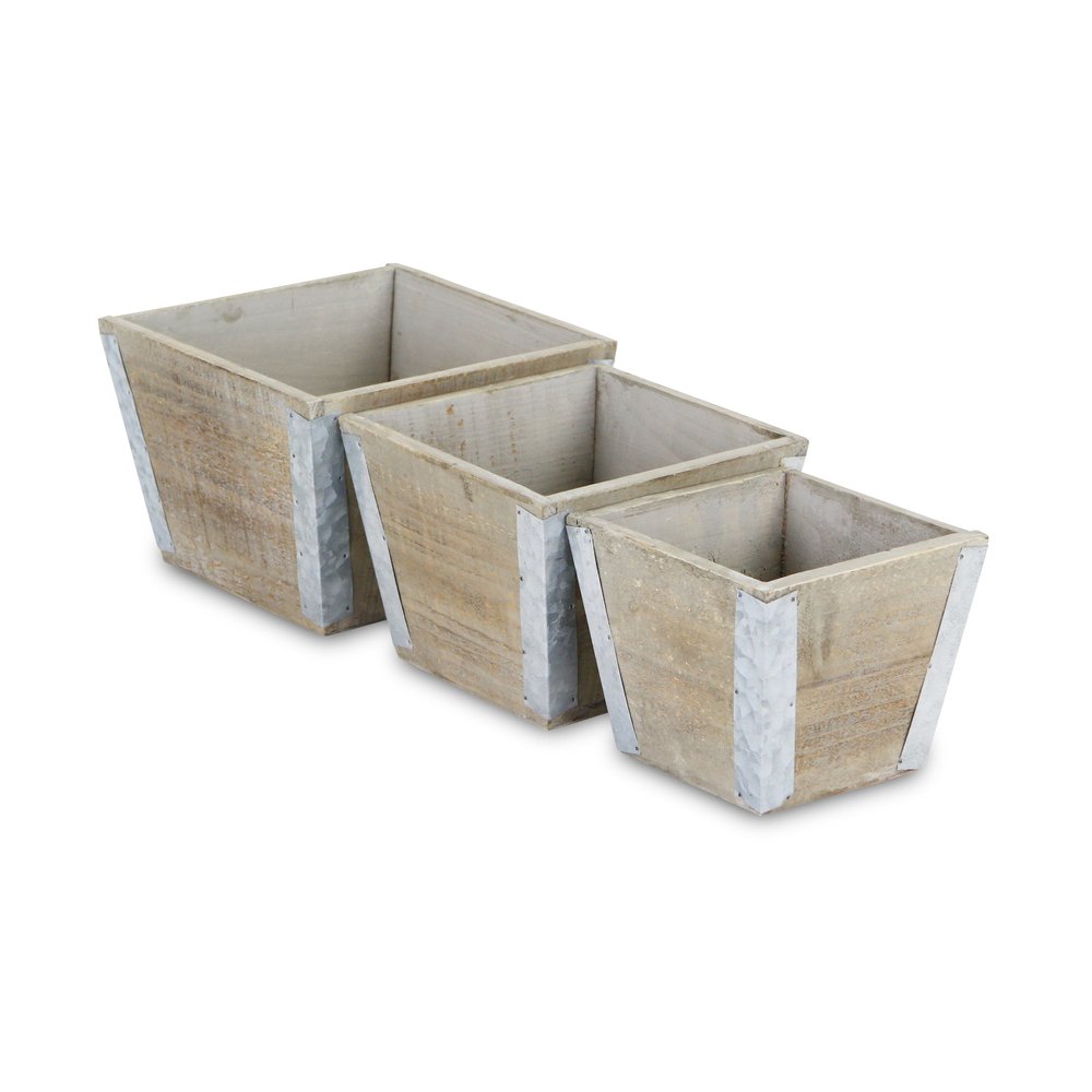 Set of Three Natural And Silver Metal And Wood 217 Ounce Square Distressed Planter Boxes