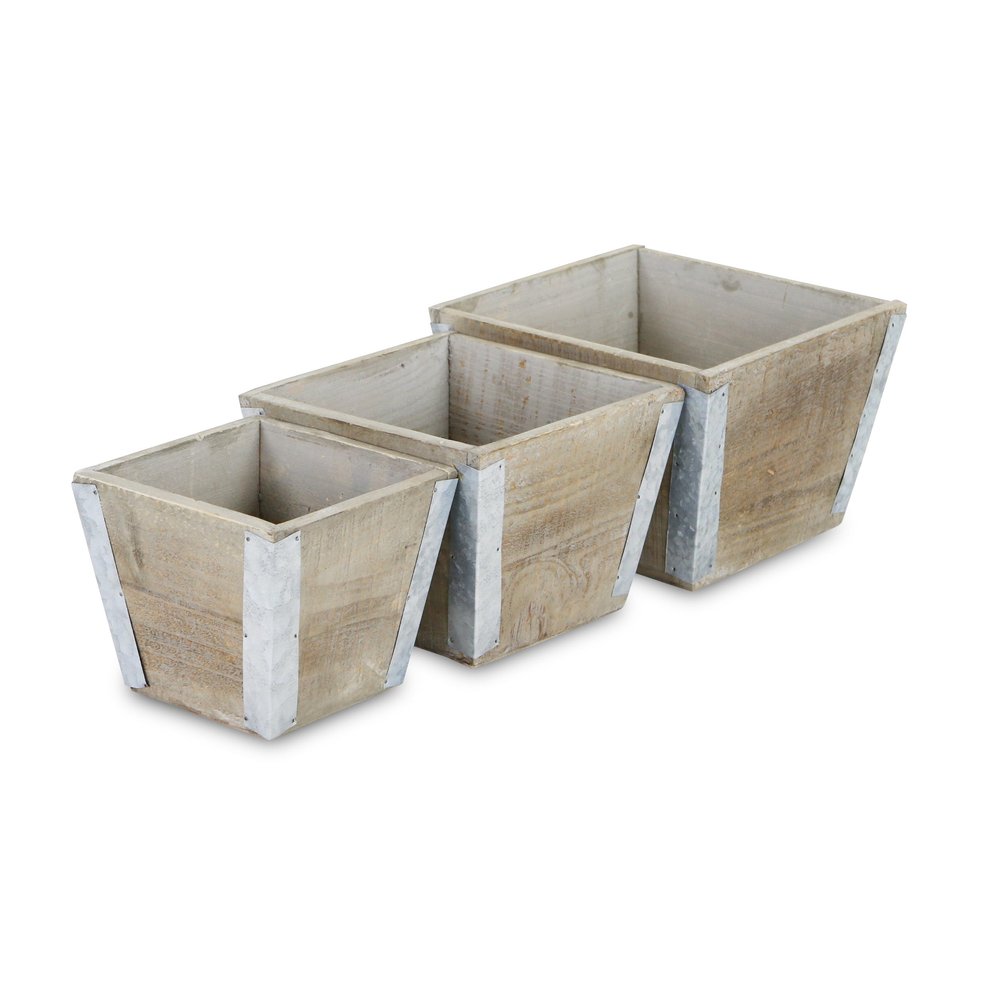 Set of Three Natural And Silver Metal And Wood 217 Ounce Square Distressed Planter Boxes on a white background