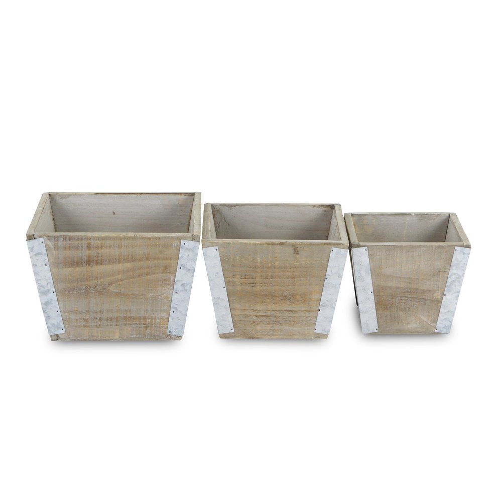 Set of Three Natural And Silver Metal And Wood 217 Ounce Square Distressed Planter Boxes on a white background