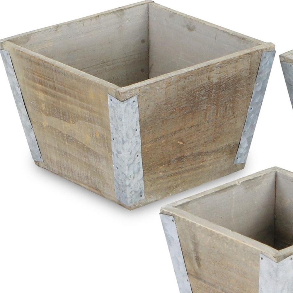 Set of Three Natural And Silver Metal And Wood 217 Ounce Square Distressed Planter Boxes on a white background