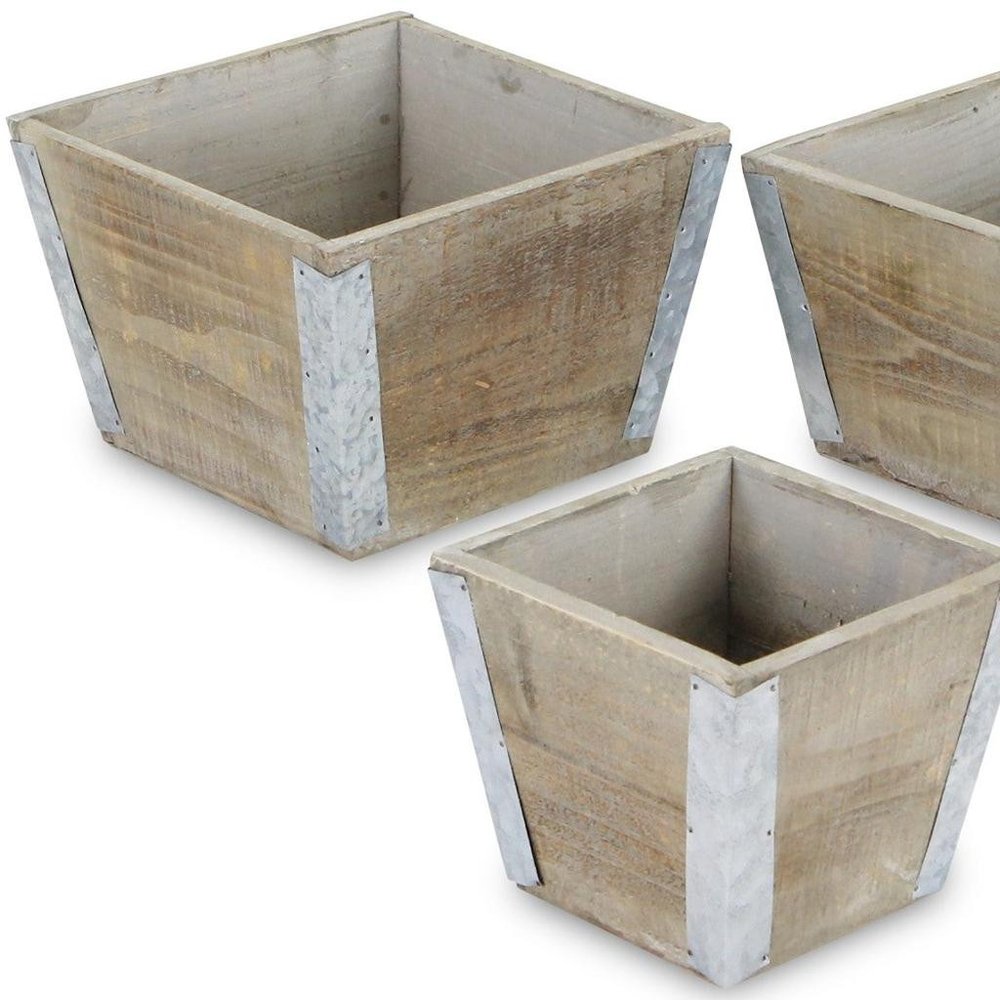 Set of Three Natural And Silver Metal And Wood 217 Ounce Square Distressed Planter Boxes on a white background
