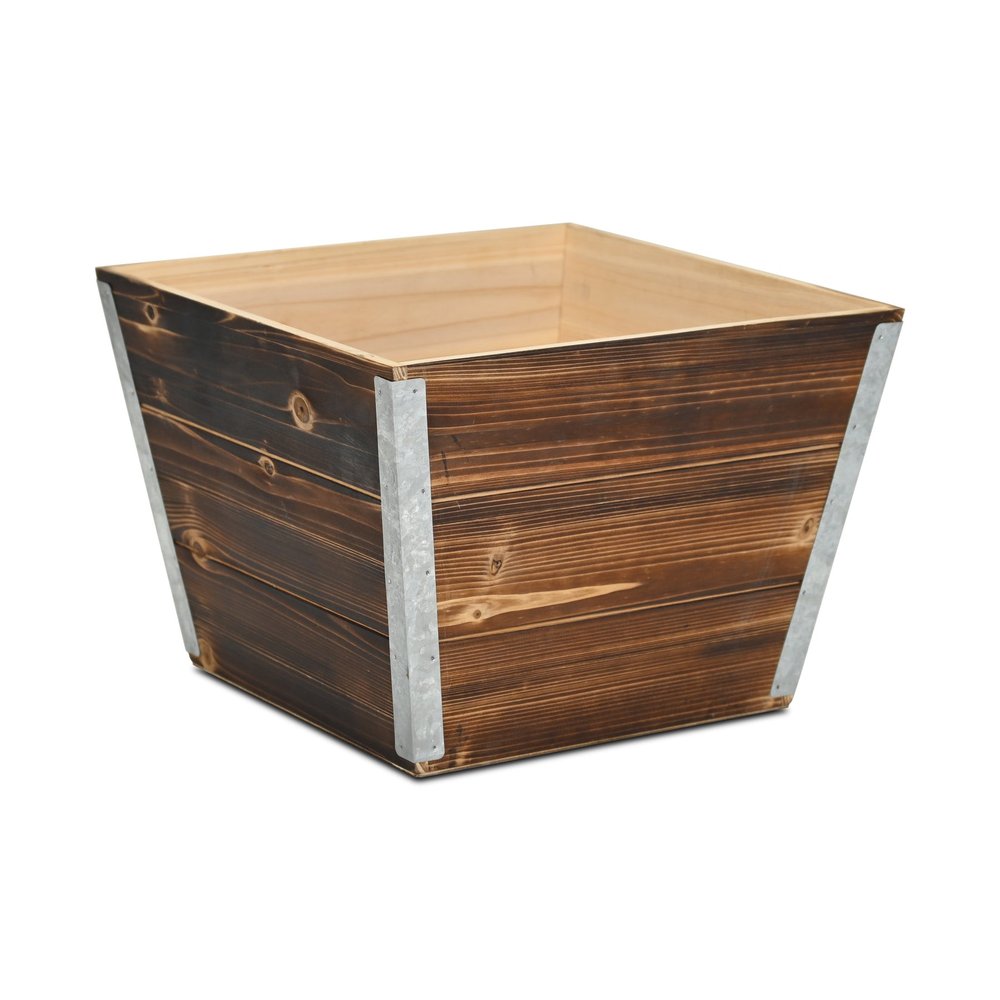 Natural And Silver Metal And Wood 1000 Ounce Square Distressed Planter Box on a white background