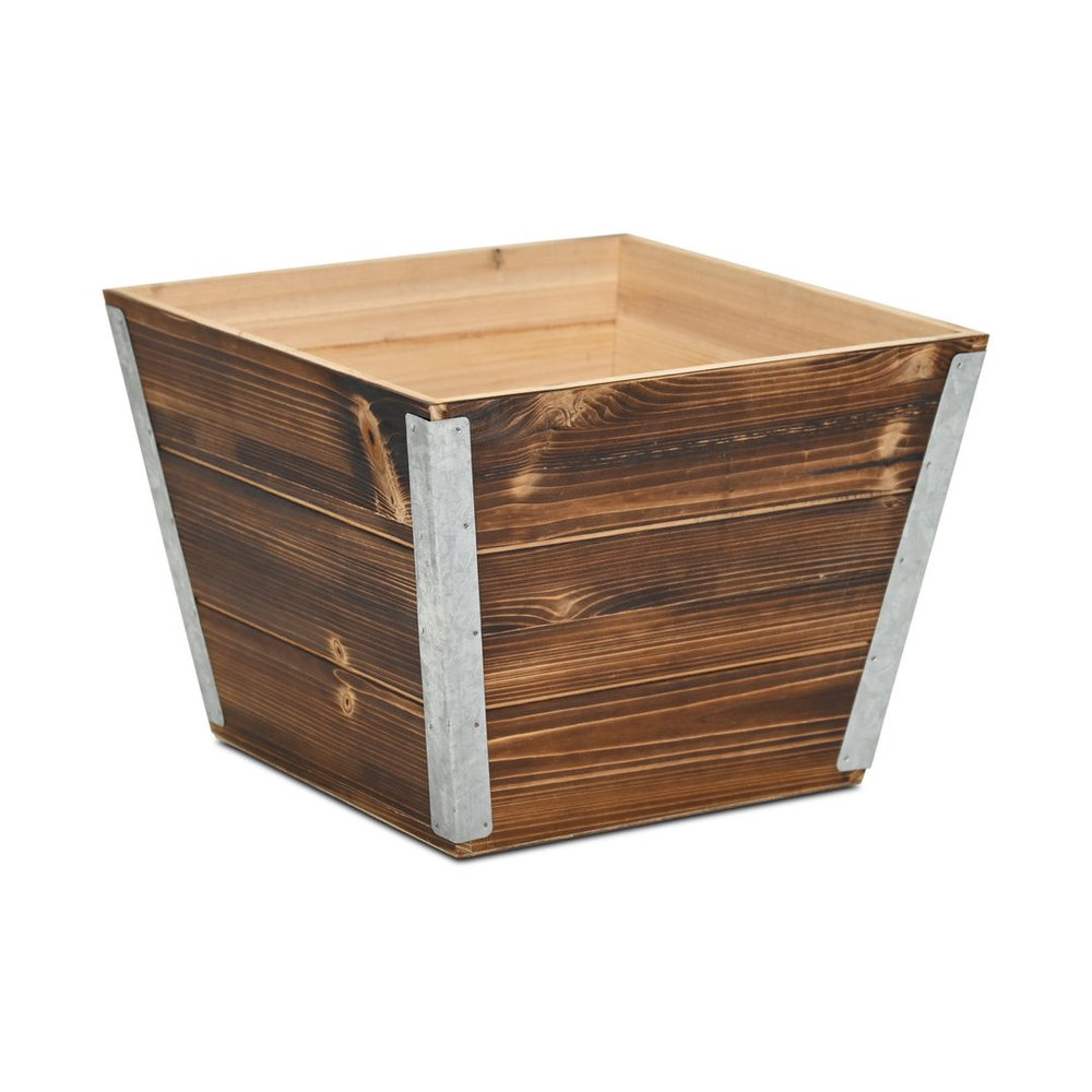 Brown Wood And Metal 600 Ounce Square Distressed Planter Box on a white background