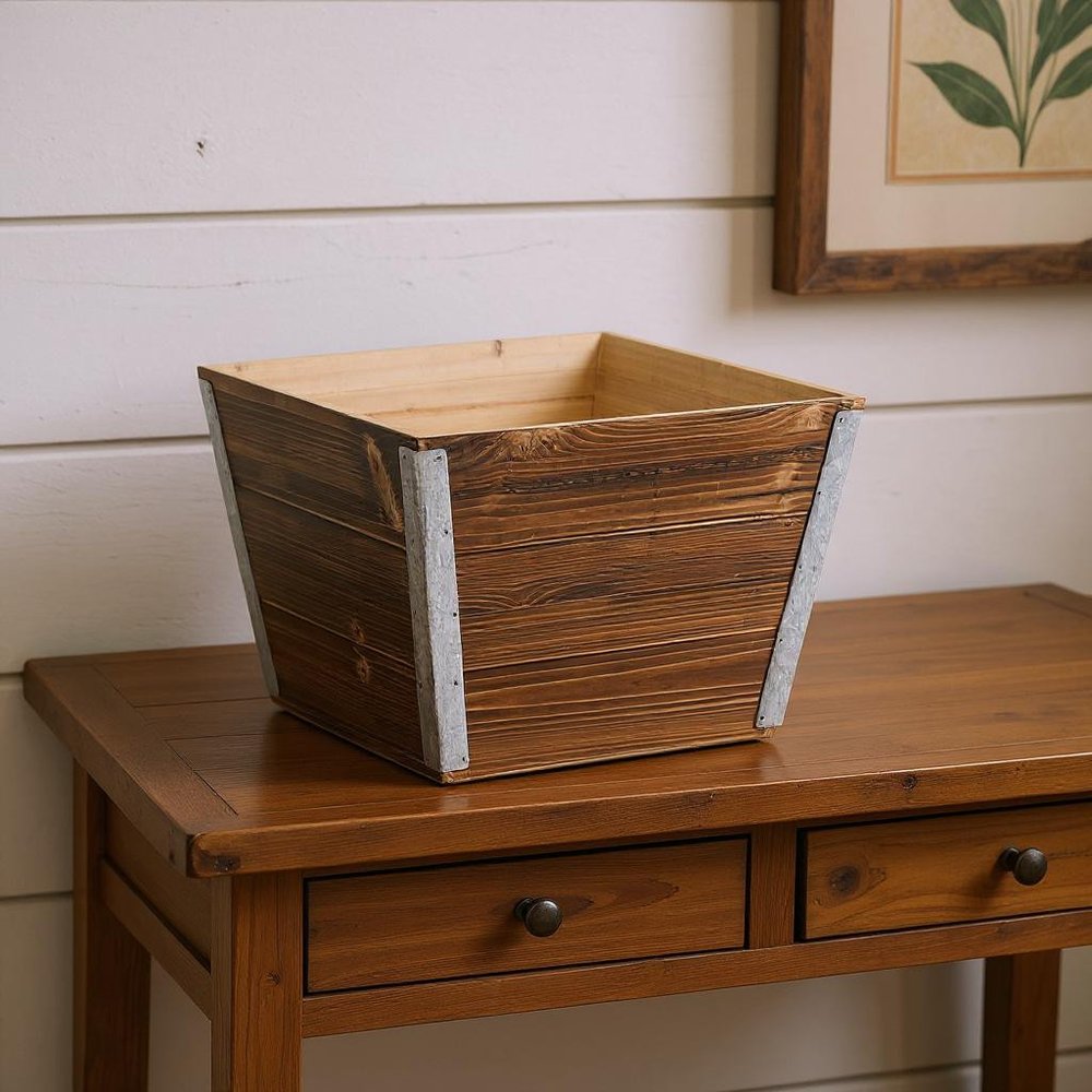 Brown Wood And Metal 600 Ounce Square Distressed Planter Box in a home interior