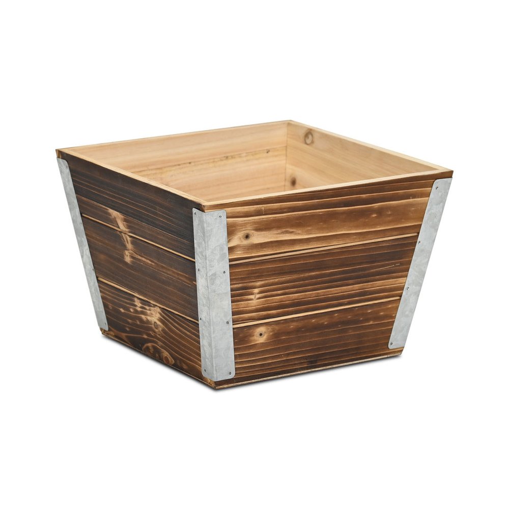 Brown Wood And Metal 300 Ounce Square Distressed Planter Box on a white background