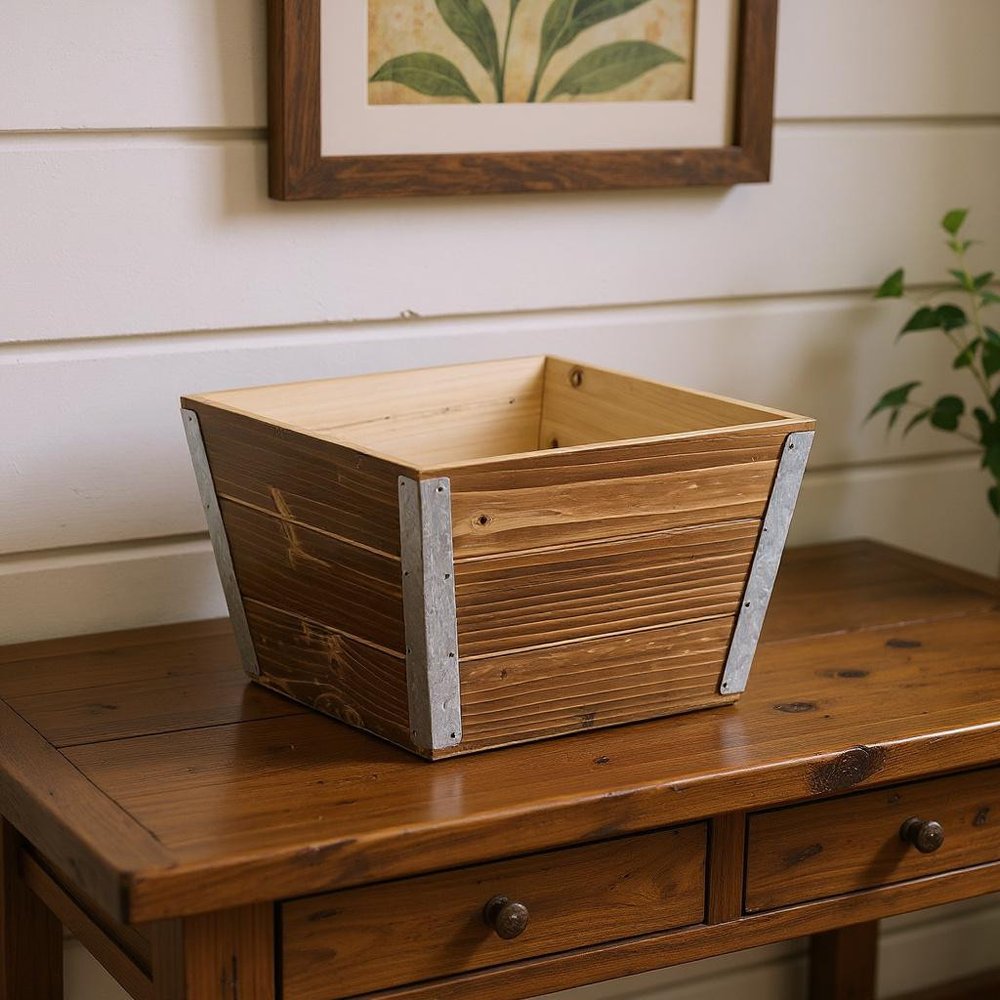 Brown Wood And Metal 300 Ounce Square Distressed Planter Box in a home interior