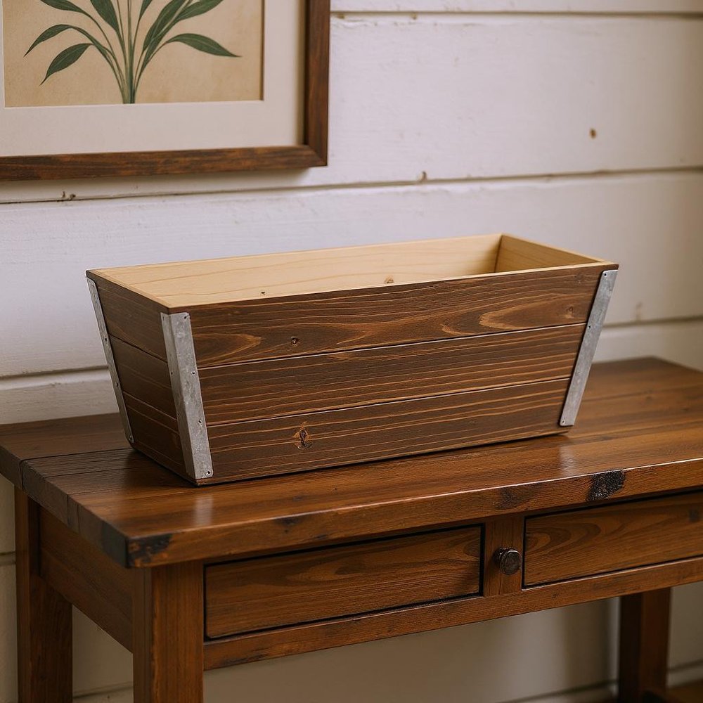 Brown Wood And Metal 700 Ounce Rectangular Distressed Planter Box in a home interior