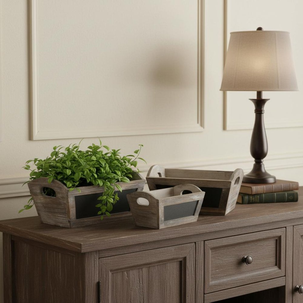 Set of Three Brown Wood 300 Ounce Rectangular Distressed Planter Boxes