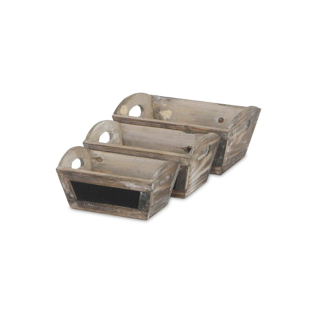 Set of Three Brown Wood 300 Ounce Rectangular Distressed Planter Boxes on a white background