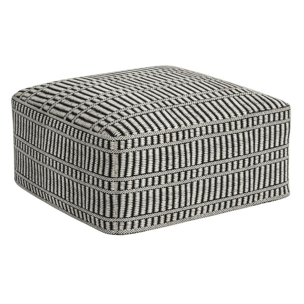 20" Black And White Polyester Geometric Outdoor Pouf Ottoman. Outdoor ottoman isolated on a plain white background, in a black fabric finish.