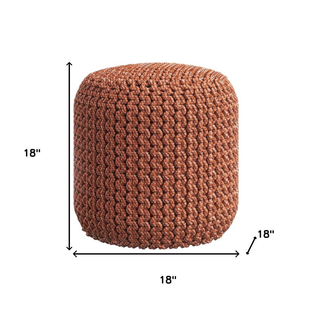 18" Orange Polyester Round Outdoor Pouf Ottoman. Outdoor ottoman isolated on a plain white background, showing a fabric surface.