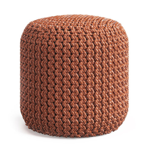 Orange knitted polyester round ottoman on a white background.
