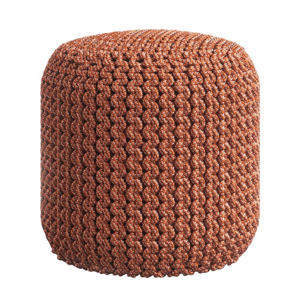18" Orange Polyester Round Outdoor Pouf Ottoman. Outdoor ottoman isolated on a plain white background, in a orange fabric finish.