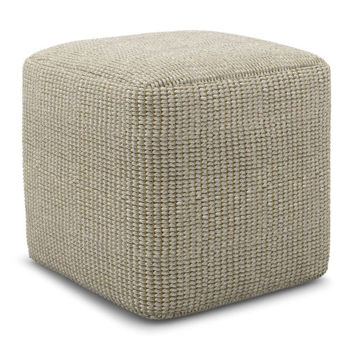 Cream polyester cube ottoman with a textured weave, shown on a white background.