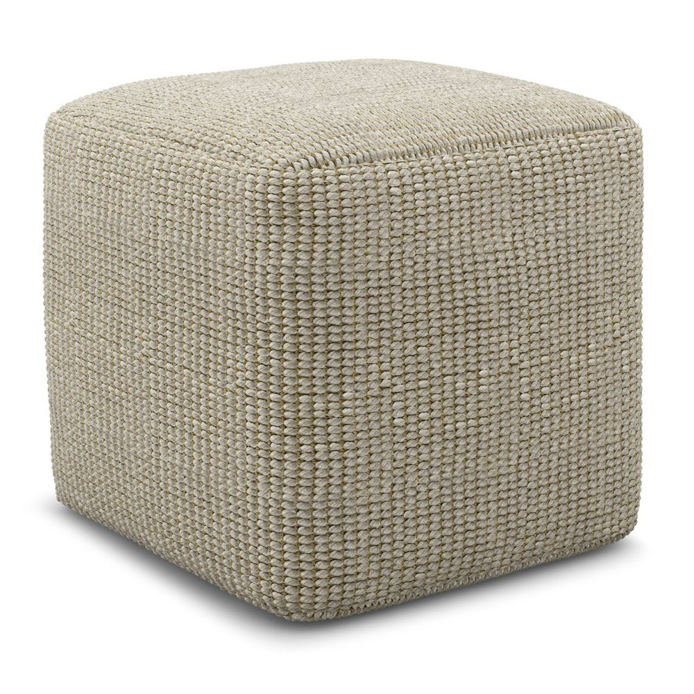 18" Cream Polyester Cube Outdoor Pouf Ottoman. Outdoor ottoman isolated on a plain white background, in a cream fabric finish.