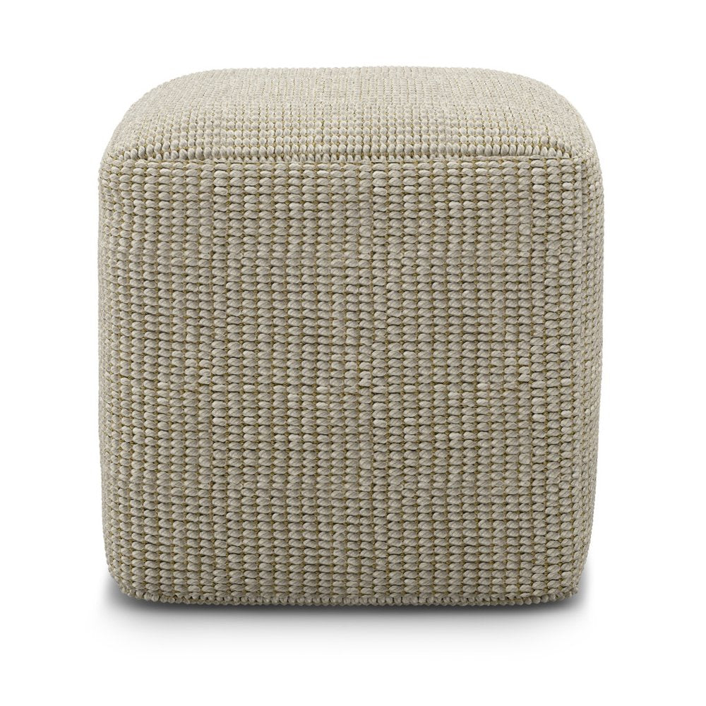 18" Cream Polyester Cube Outdoor Pouf Ottoman. Outdoor ottoman isolated on a plain white background, showing a cream fabric surface.
