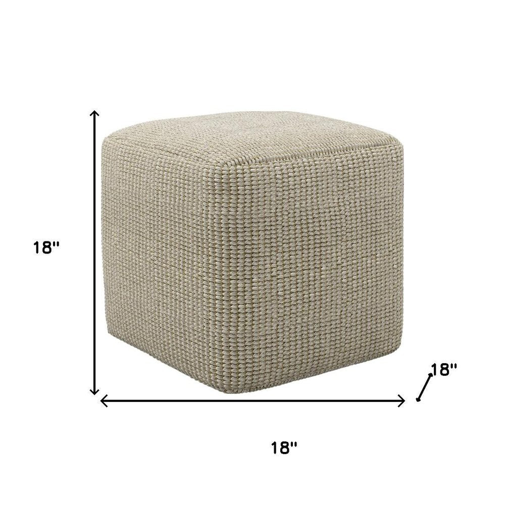 18" Cream Polyester Cube Outdoor Pouf Ottoman. Outdoor ottoman isolated on a plain white background, in a cream fabric finish.