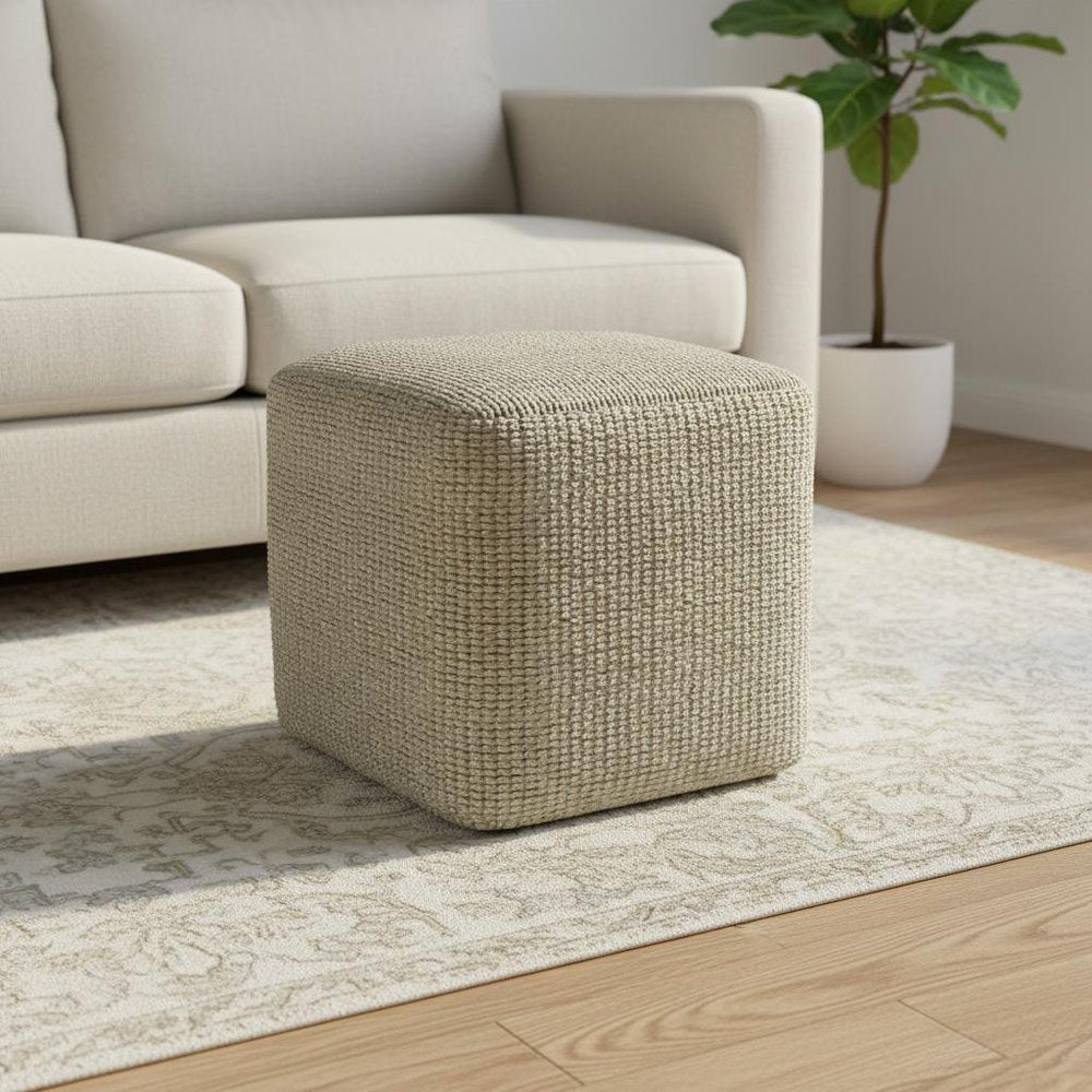 18" Cream Polyester Cube Outdoor Pouf Ottoman. Outdoor ottoman in cream fabric.