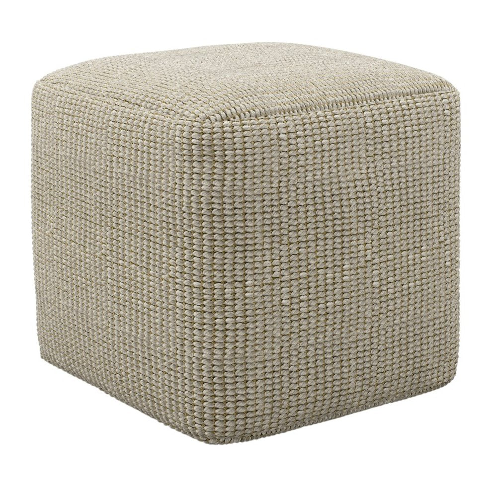 18" Cream Polyester Cube Outdoor Pouf Ottoman. Outdoor ottoman isolated on a plain white background, showing a cream fabric surface.