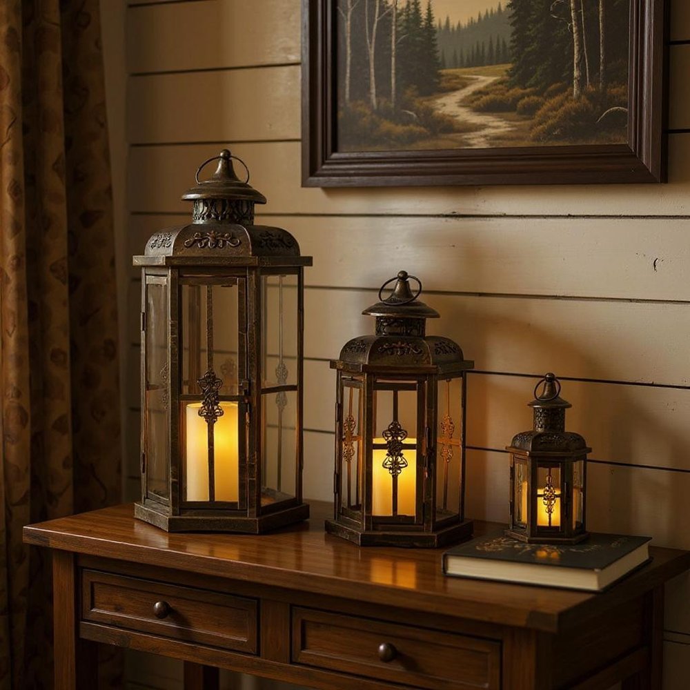 Set of Three Black And Gold Distressed Filigree Metal Tabletop Lantern Candle Holders