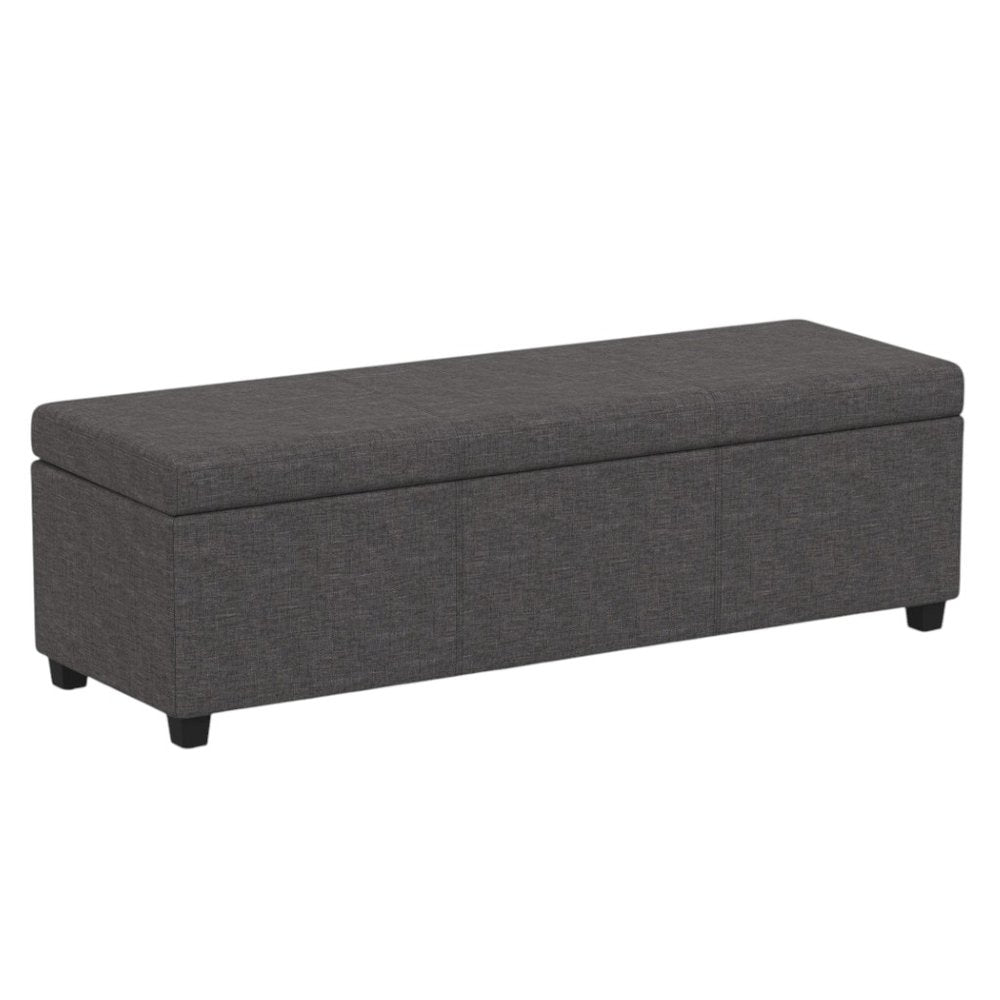 54" Slate Gray and Dark Brown Linen Blend and Solid Wood Upholstered Storage Bench With Flip Top. Bench isolated on a plain white background, showing a gray wood surface.