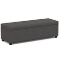 54" Slate Gray and Dark Brown Linen Blend and Solid Wood Upholstered Storage Bench With Flip Top. Bench isolated on a plain white background, finished in gray wood.