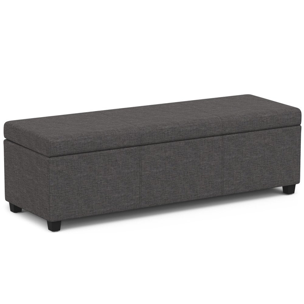 54" Slate Gray and Dark Brown Linen Blend and Solid Wood Upholstered Storage Bench With Flip Top