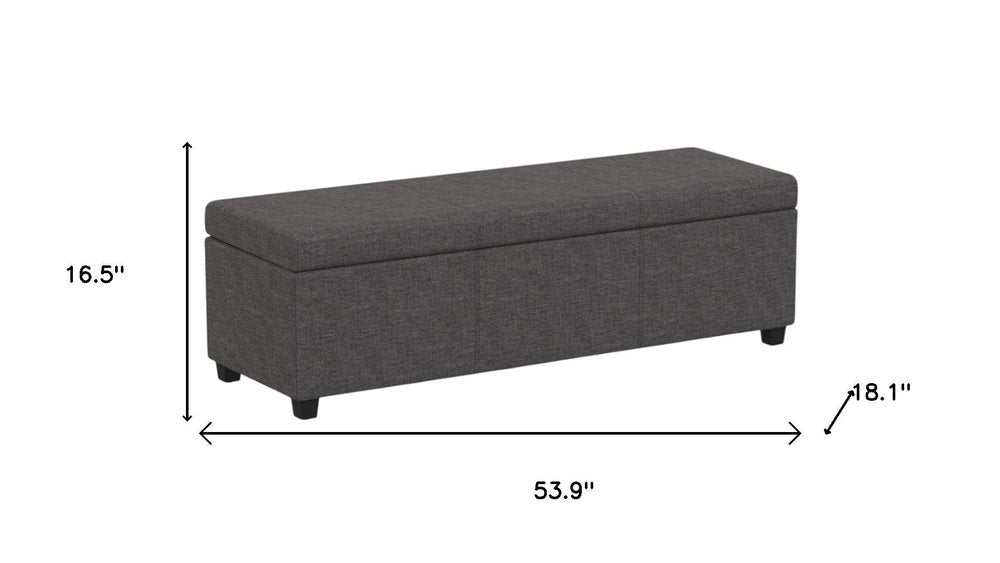 54" Slate Gray and Dark Brown Linen Blend and Solid Wood Upholstered Storage Bench With Flip Top. Bench isolated on a plain white background, in a gray wood finish.