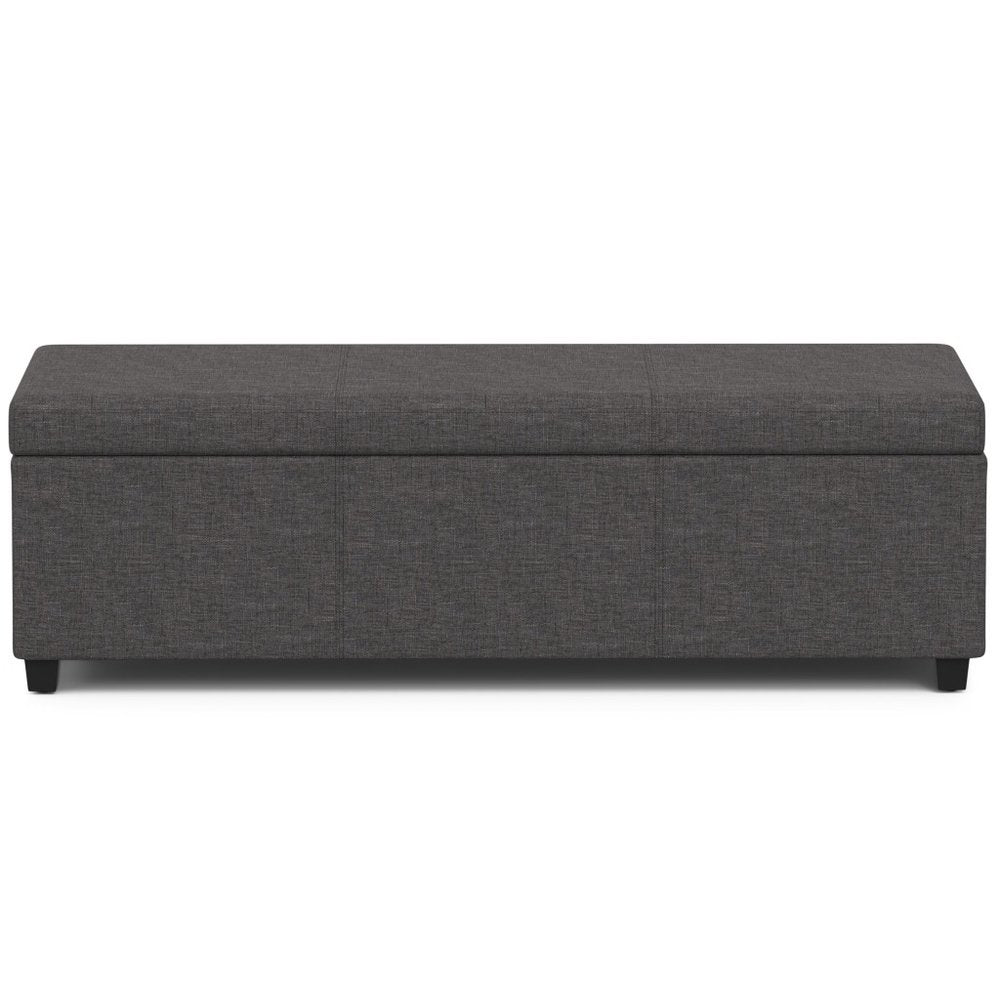 54" Slate Gray and Dark Brown Linen Blend and Solid Wood Upholstered Storage Bench With Flip Top
