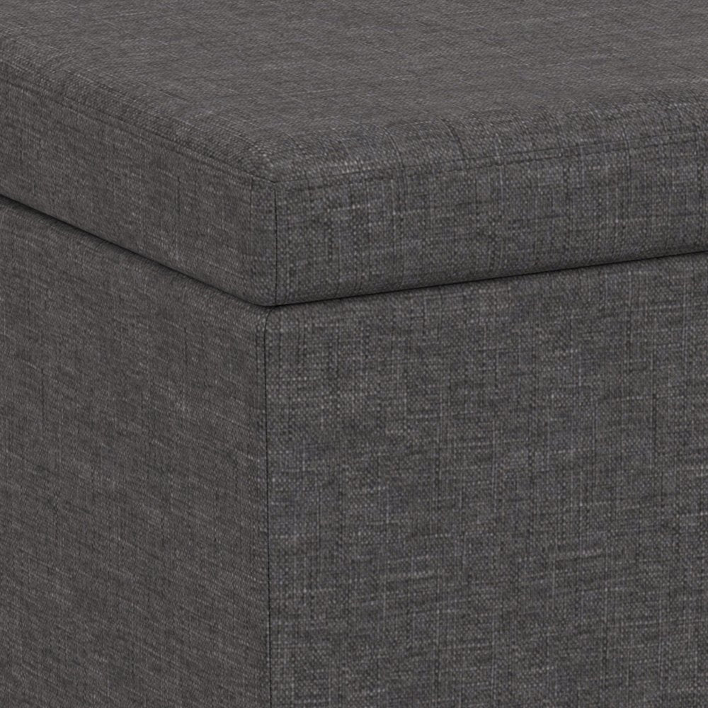 54" Slate Gray and Dark Brown Linen Blend and Solid Wood Upholstered Storage Bench With Flip Top