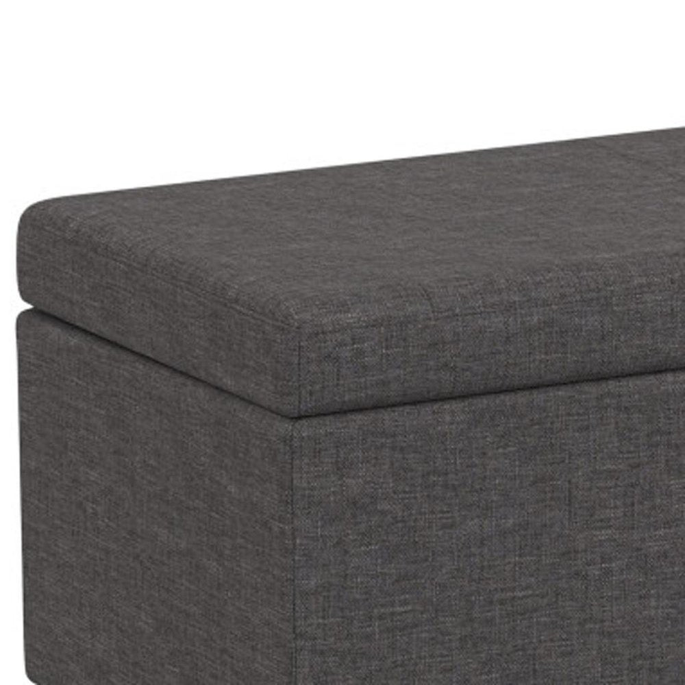 54" Slate Gray and Dark Brown Linen Blend and Solid Wood Upholstered Storage Bench With Flip Top