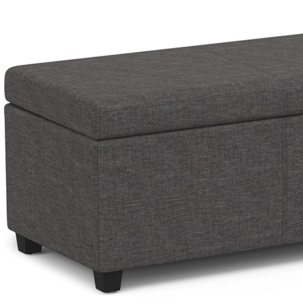 54" Slate Gray and Dark Brown Linen Blend and Solid Wood Upholstered Storage Bench With Flip Top