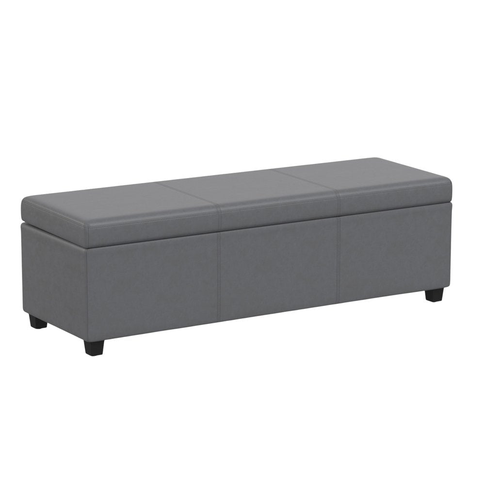 54" Slate Gray and Dark Brown Linen Blend and Solid Wood Upholstered Storage Bench With Flip Top. Bench isolated on a plain white background, in a gray wood finish.
