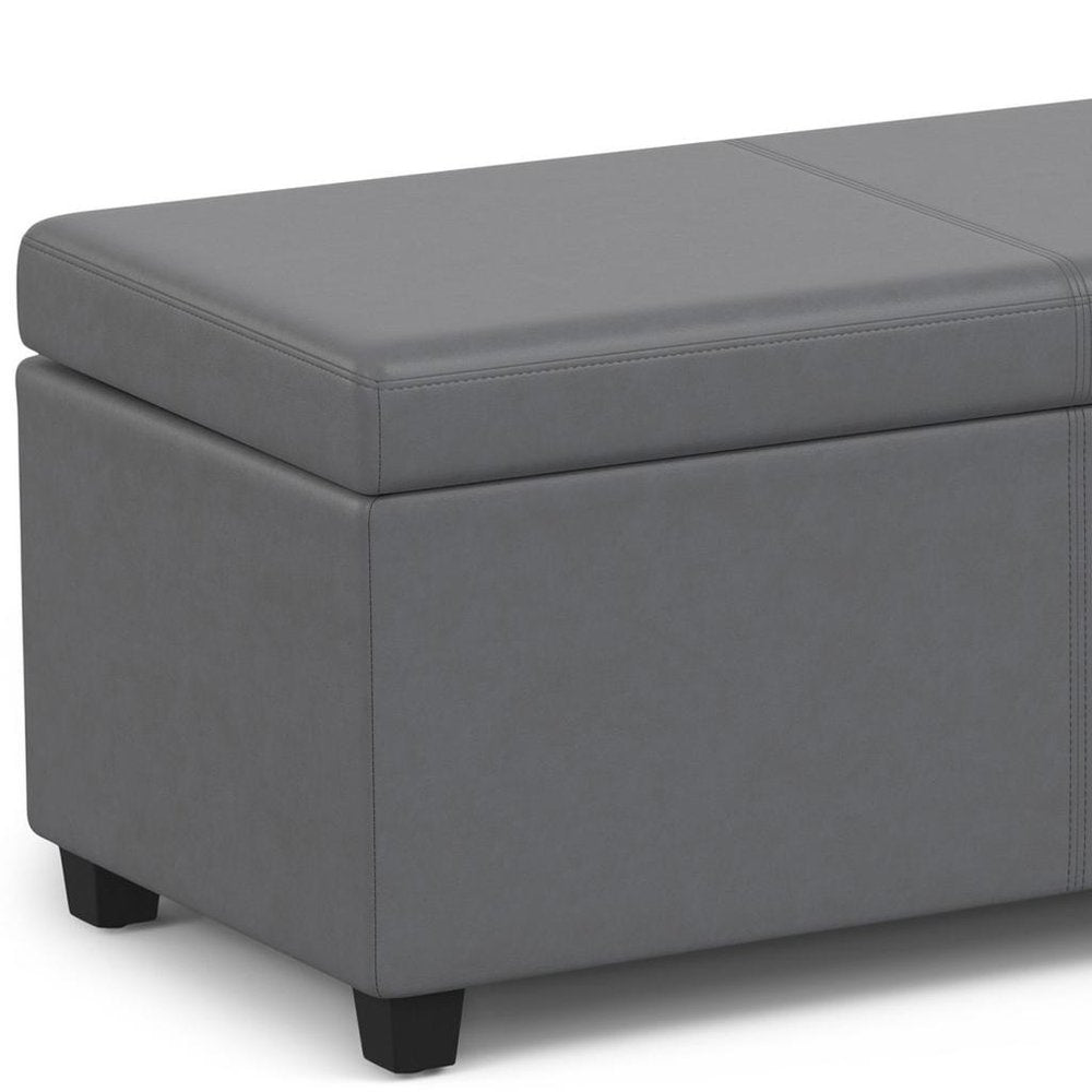 54" Slate Gray and Dark Brown Linen Blend and Solid Wood Upholstered Storage Bench With Flip Top. Bench isolated on a plain white background, in a gray wood finish.