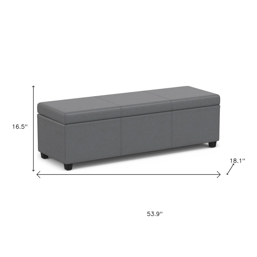 54" Slate Gray and Dark Brown Linen Blend and Solid Wood Upholstered Storage Bench With Flip Top. Bench isolated on a plain white background, finished in gray wood.