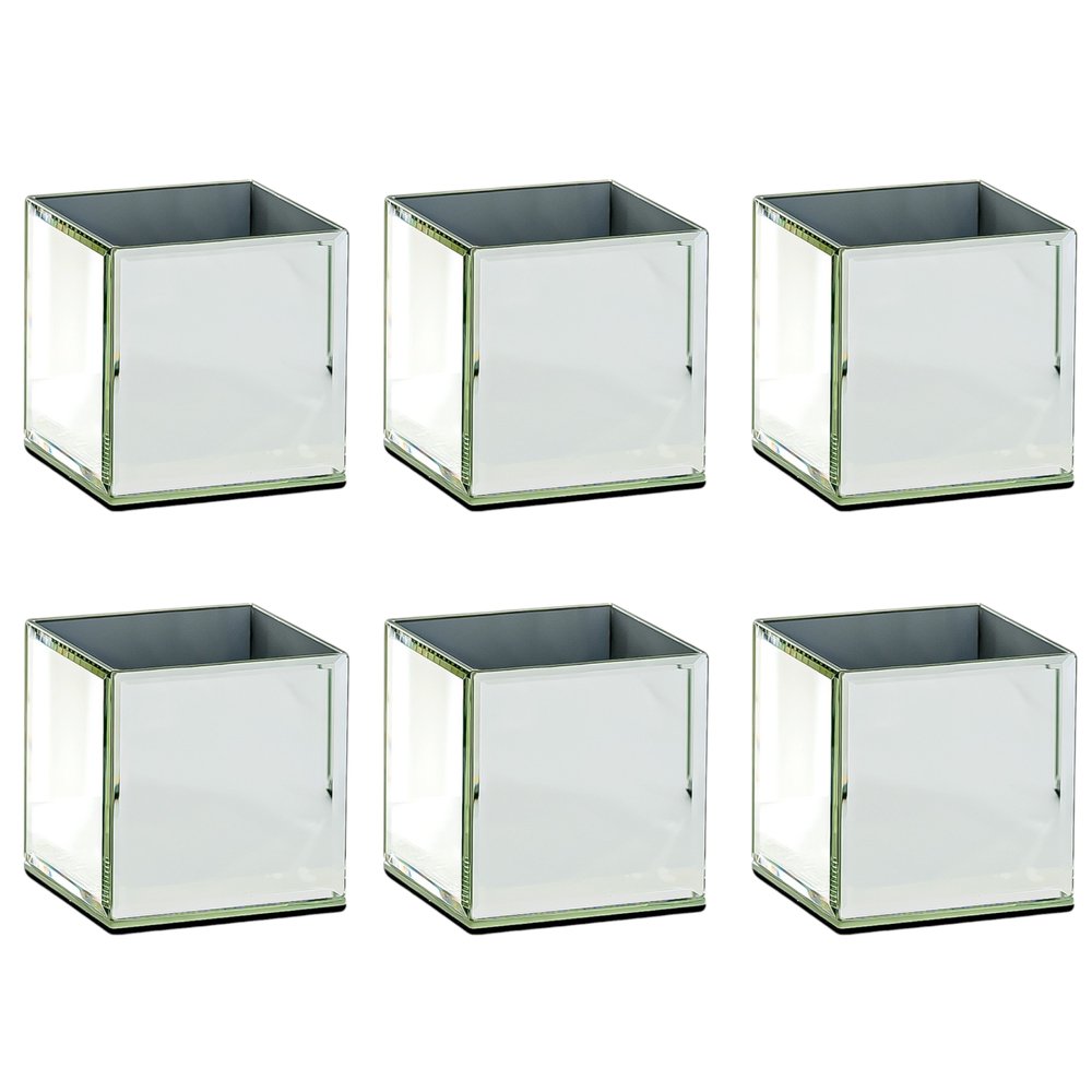 Set of Six Silver Mirrored Glass Square Table Vases on a white background
