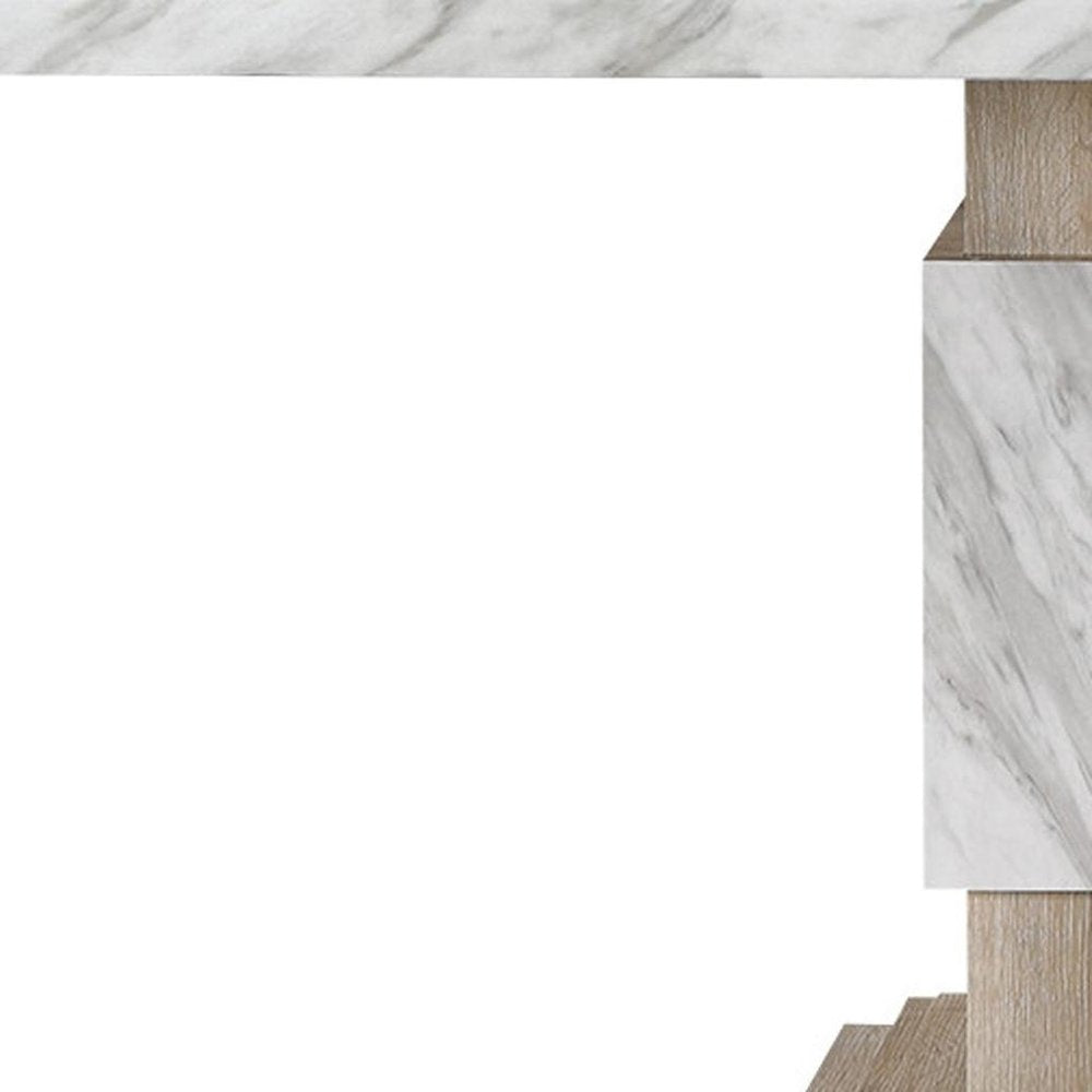 82" White and Natural Faux Marble and Wood Double Pedestal Base Dining Table