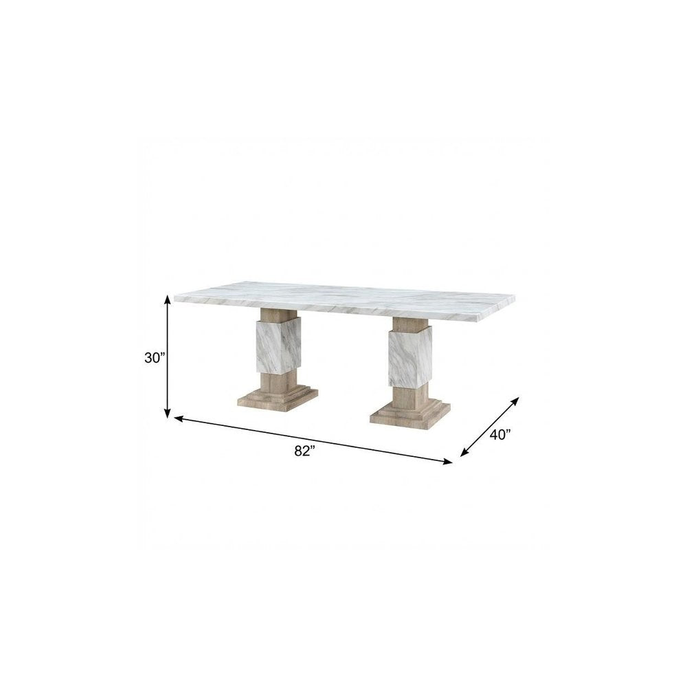 82" White and Natural Faux Marble and Wood Double Pedestal Base Dining Table on a white background