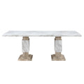 82" White and Natural Faux Marble and Wood Double Pedestal Base Dining Table on a white background
