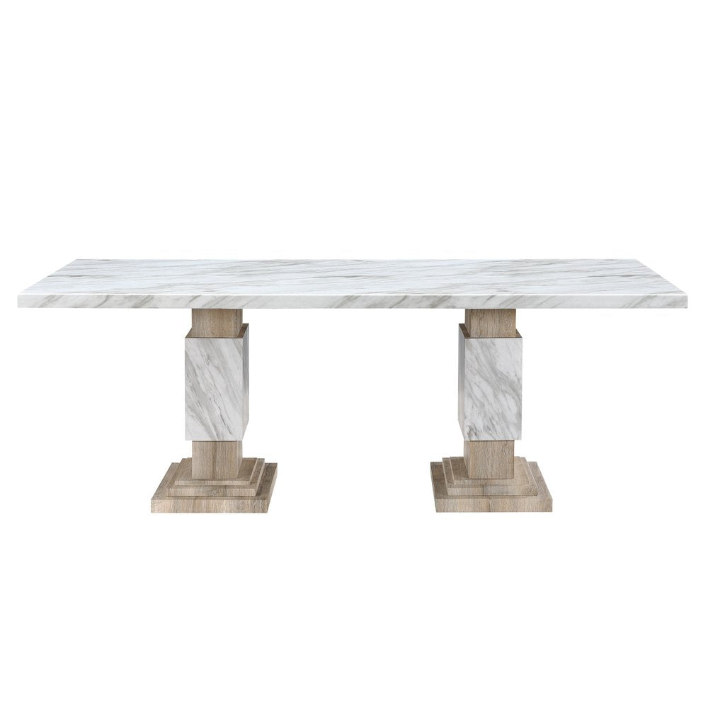 82" White and Natural Faux Marble and Wood Double Pedestal Base Dining Table