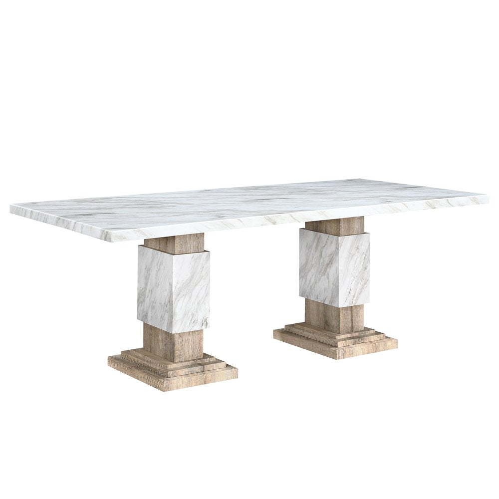 82" White and Natural Faux Marble and Wood Double Pedestal Base Dining Table