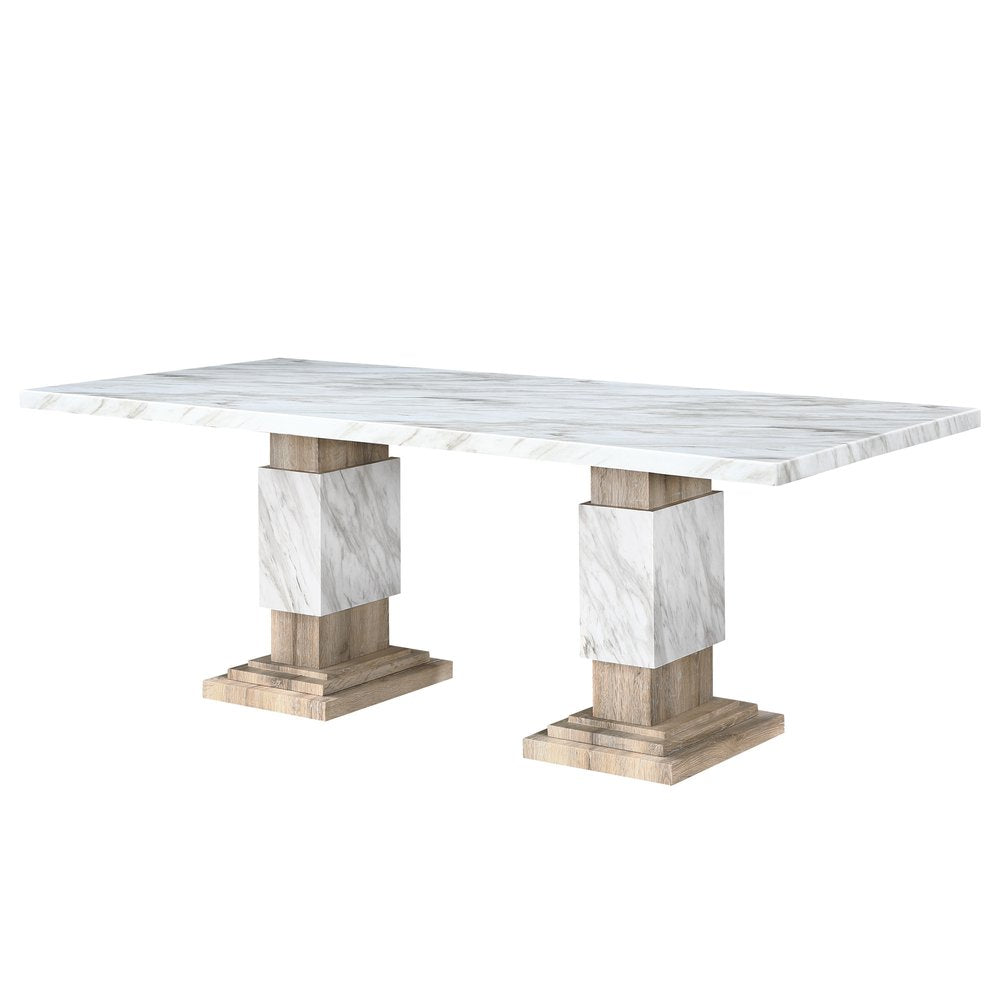 82" White and Natural Faux Marble and Wood Double Pedestal Base Dining Table