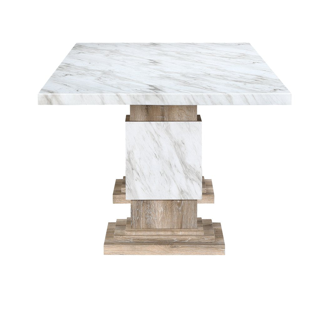 82" White and Natural Faux Marble and Wood Double Pedestal Base Dining Table
