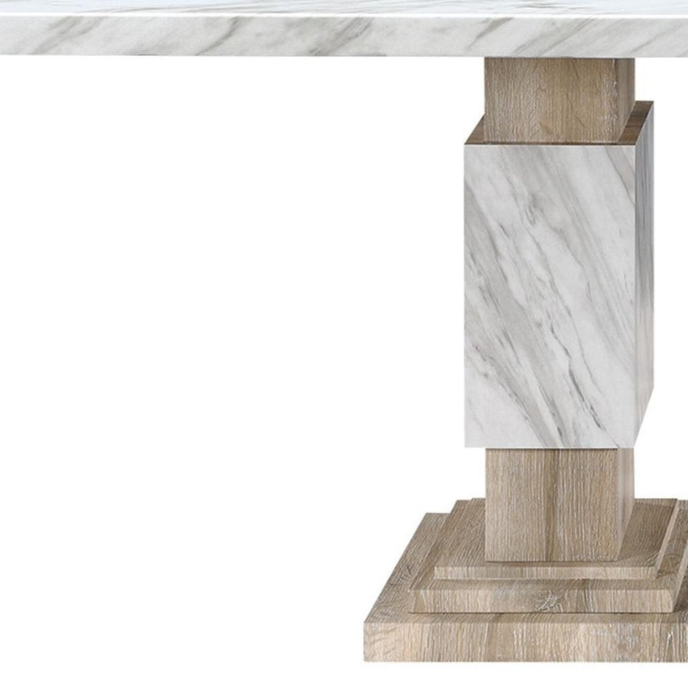 82" White and Natural Faux Marble and Wood Double Pedestal Base Dining Table on a white background