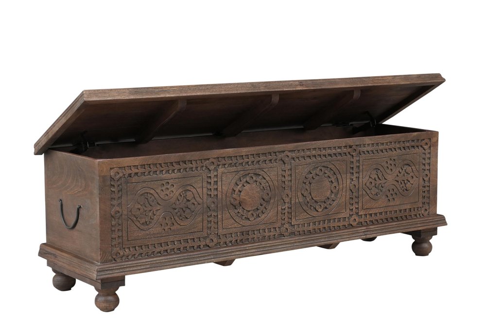 54" Brown Solid Wood Medallion Ottoman With Storage. Ottoman isolated on a plain white background, showing a brown wood surface.